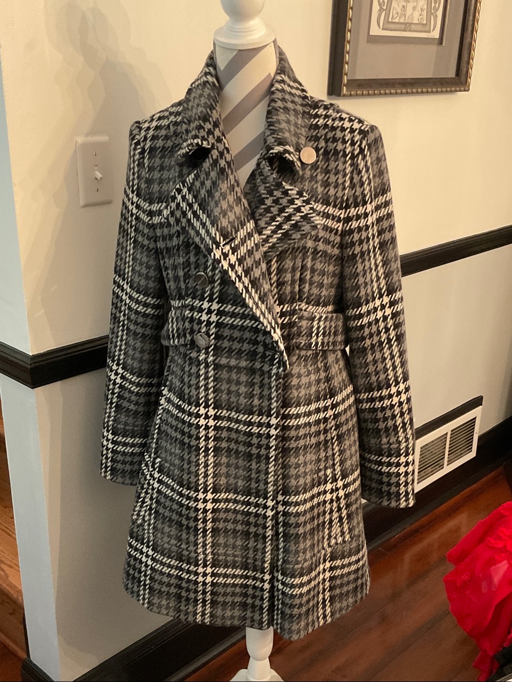 Miss Sixty Black & White Plaid Double-Breasted Peacoat